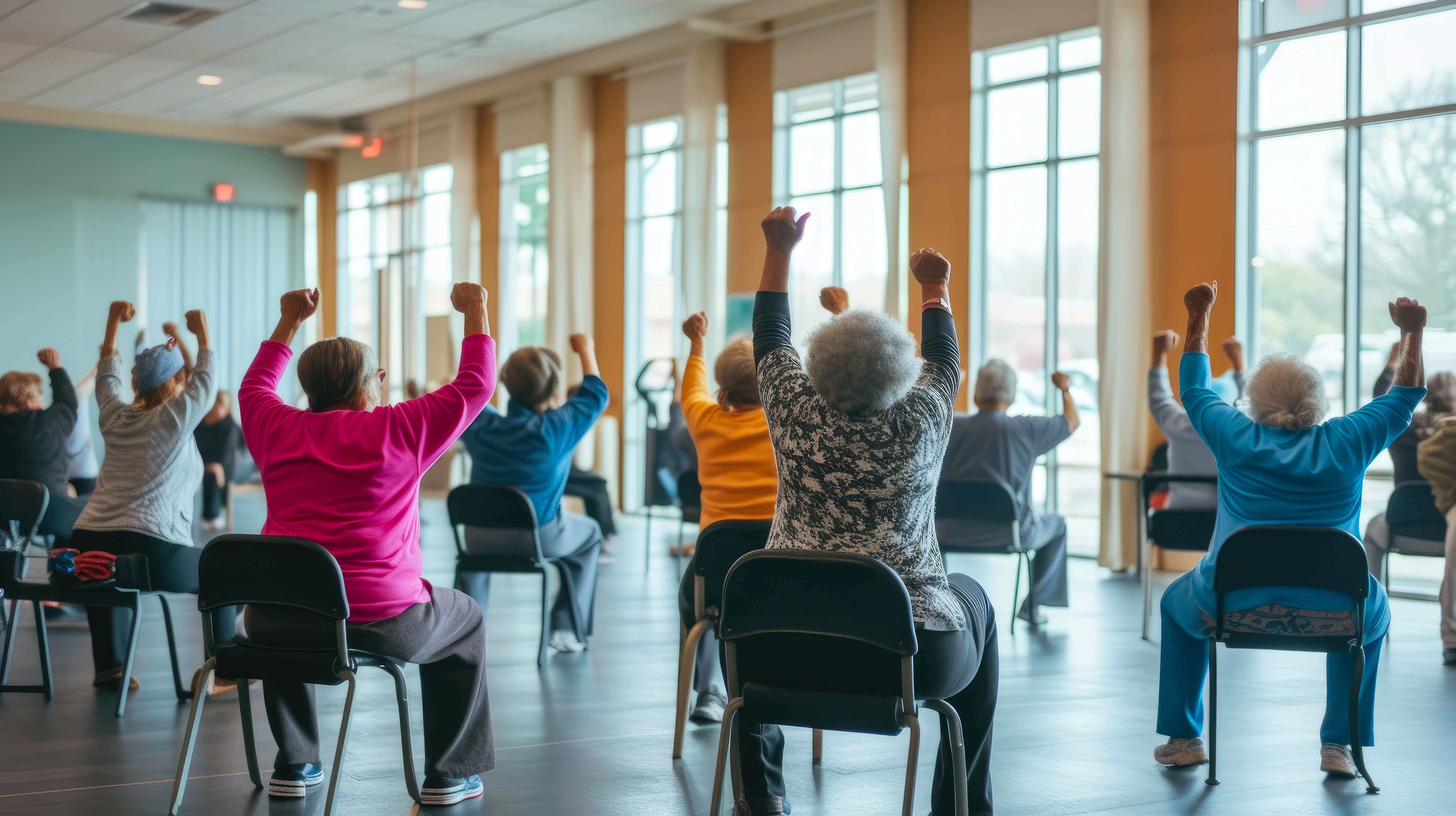 elderly exercise group sitting in chairs