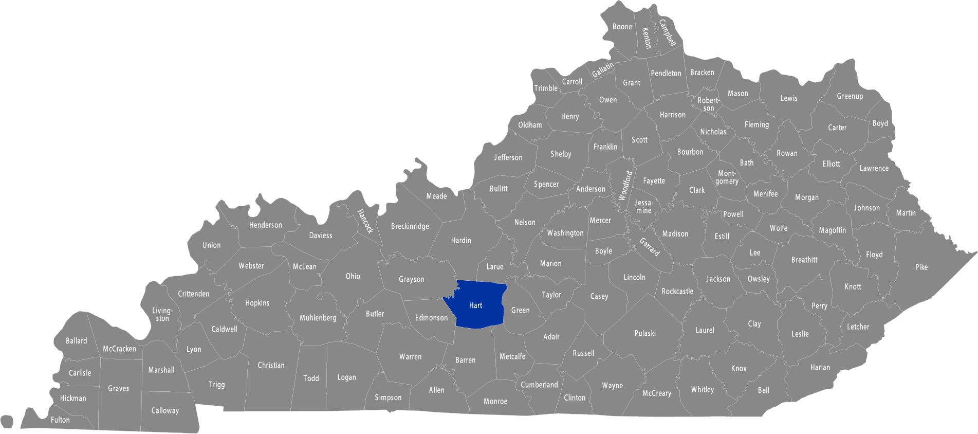 State of Kentucky map with Hart County highlighted